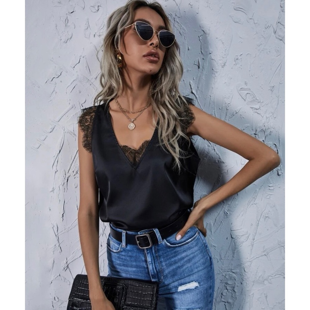 Eyelash Lace Trim Satin Top